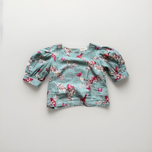 Bombay Paisley XS Linen Crop Top Bird Print Puff Sleeve Blouse Fairy Garden - Picture 16 of 16